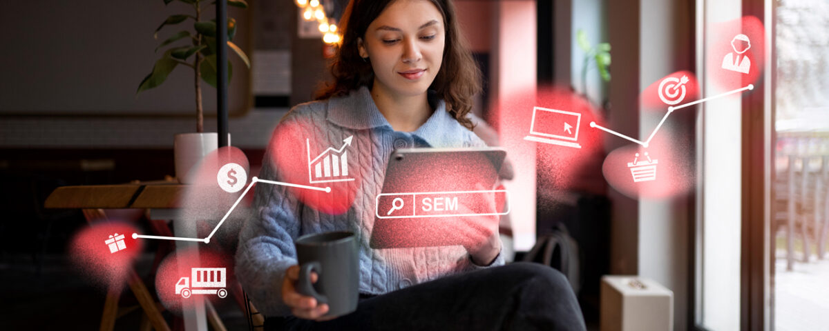 a woman sitting at a table with a cup of coffee
