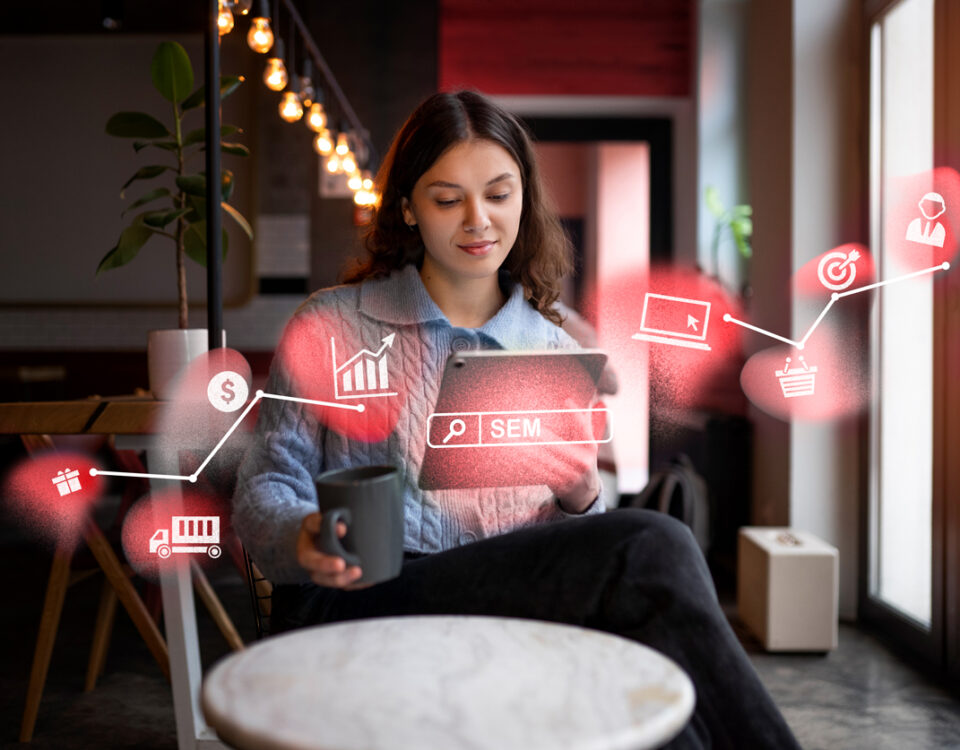 a woman sitting at a table with a cup of coffee